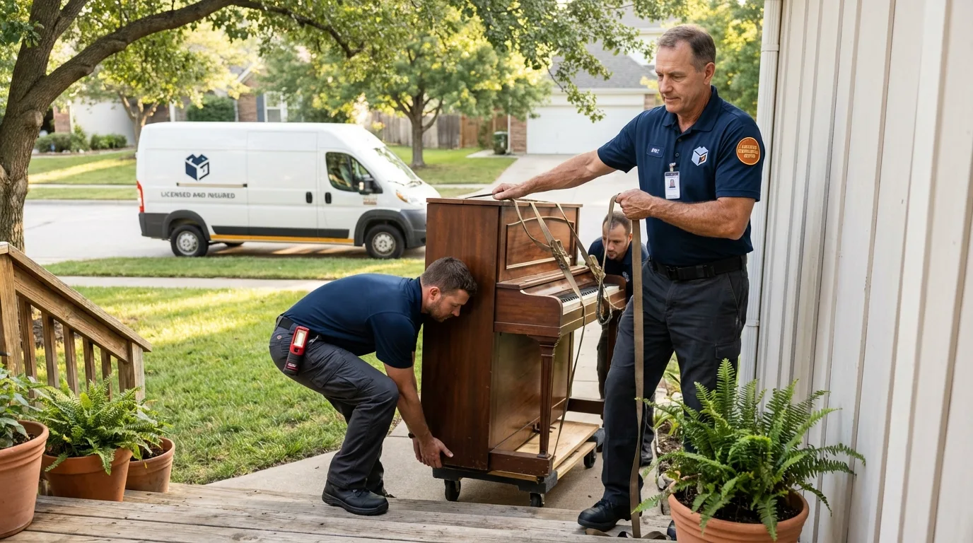 Licensed piano movers securing grand piano in Moroni, UT