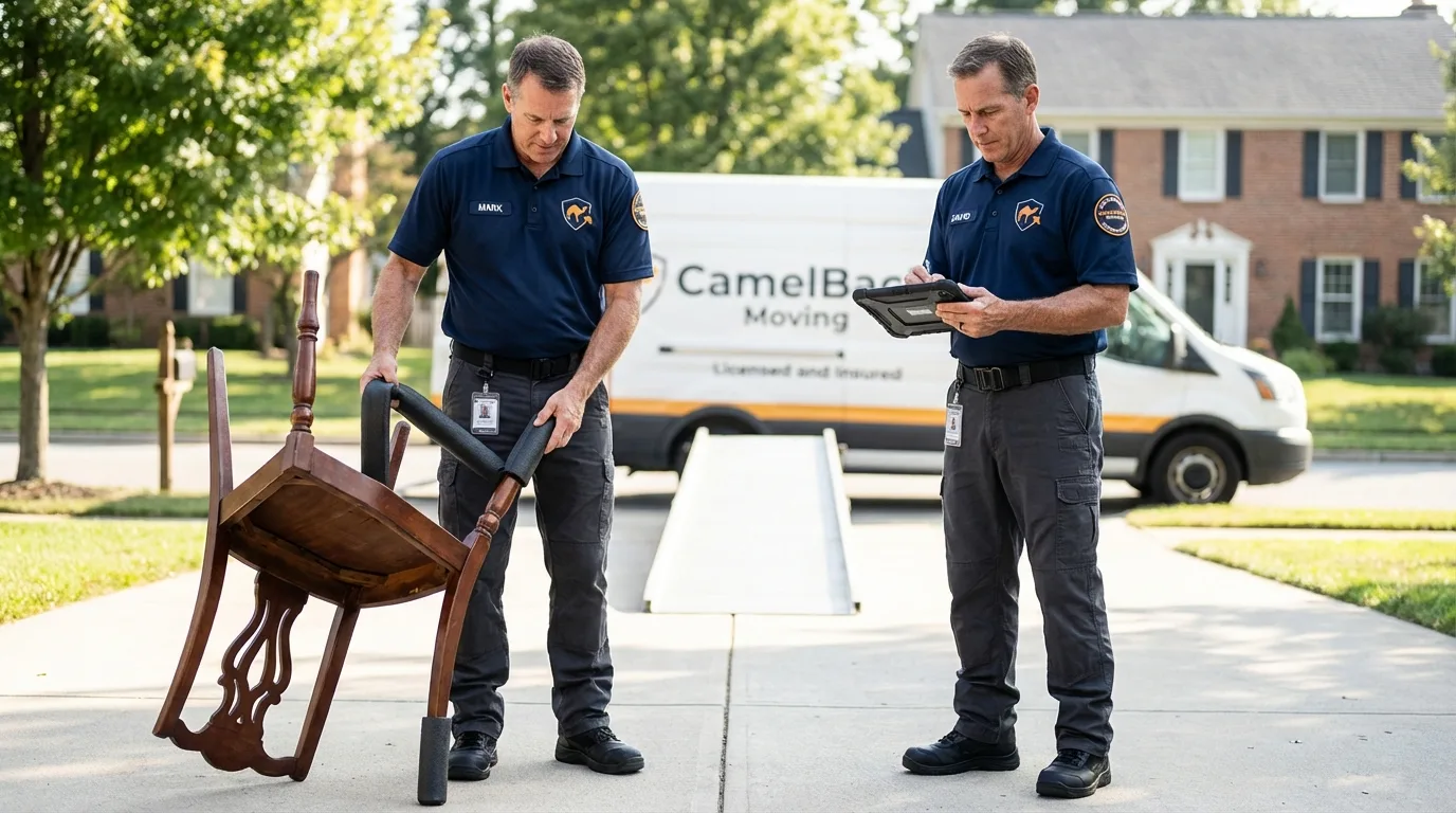 Movers inspecting furniture for damage prevention before loading in Moroni, UT