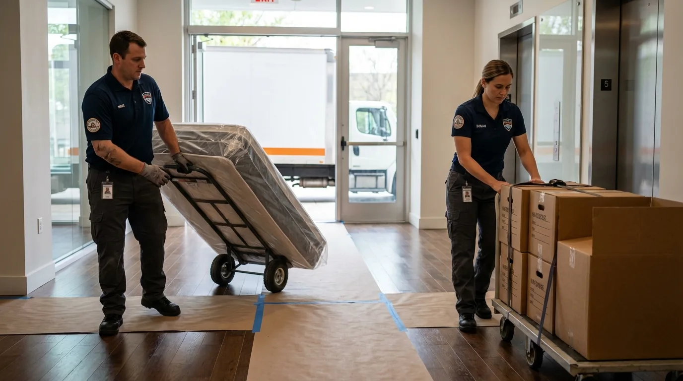 Professional apartment movers loading elevator in Moroni, UT